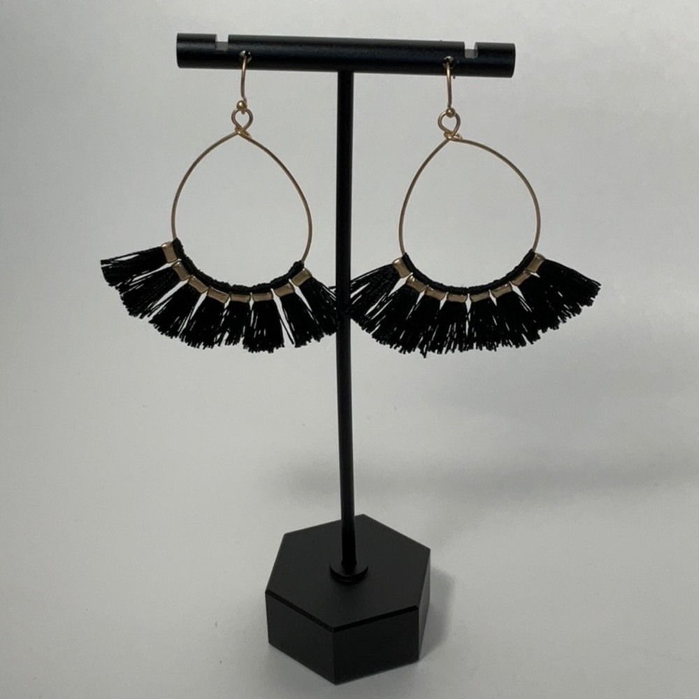 Black Fringe with Gold Accent Earrings